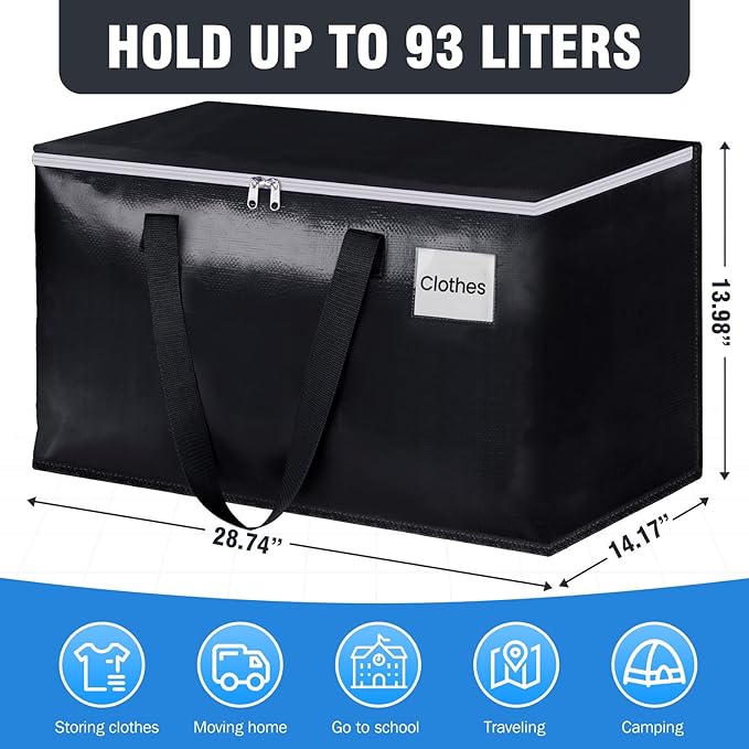 BlissTotes Moving Bags, Heavy Duty Moving Boxes with Zippers Top and Sturdy Handles, Storage Bags for Space Saving and Packing, Collapsible Moving Supplies, Storage Totes (93L, 2-Pack, Black)