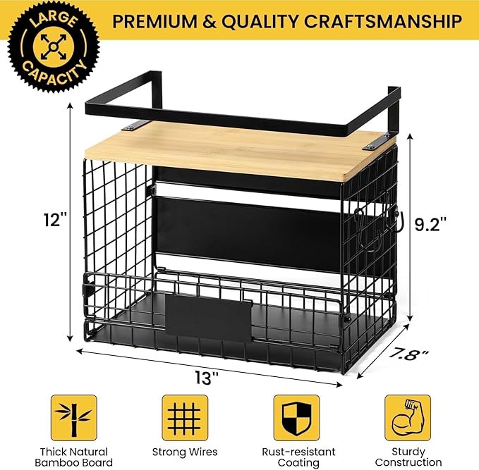 1 SET Strong Magnetic Shelf for Fridge with Tag & Bamboo Top, XXL Large Capacity Magnetic Spice Rack Shelves for Side of Refrigerator, Kitchen Pantry Storage Organizer, Multiuse Food Fruit Veg Baskets