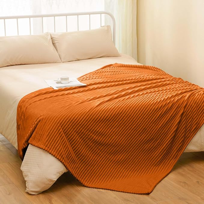 Vessia Flannel Fleece Throw Blanket, 300GSM Cozy Orange Striped Blanket for Kids and Adults, Warm and Soft Microfiber Ribbed Couch and Sofa Throw for All Season(50x40inch)