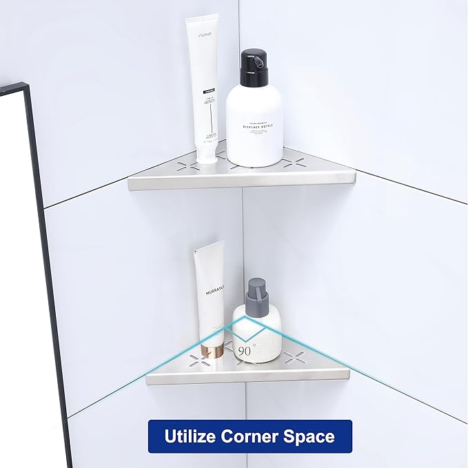 8" Corner Shower Shelf, 2-Pack Shower Shelves SUS304 Stainless Steel Bathroom Shelves for Tile Walls, Recessed Corner Shelf Organizer Rack, No Drilling (Brushed)