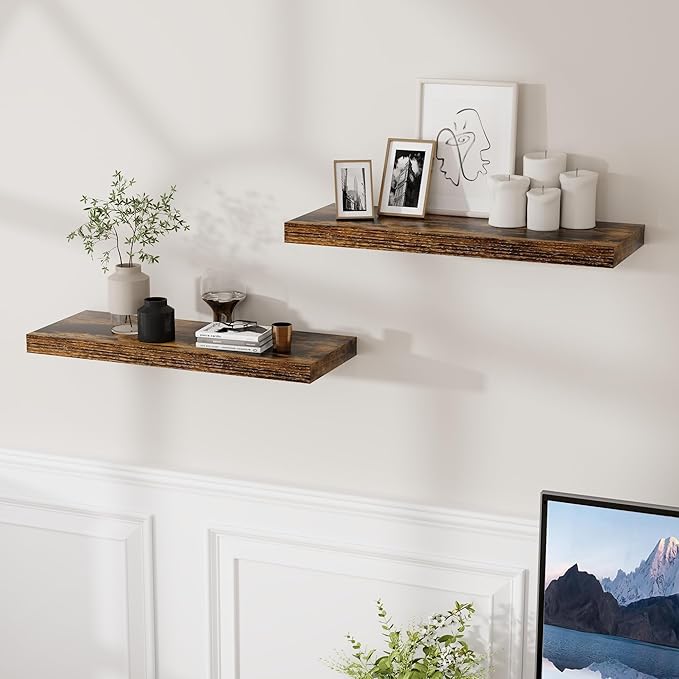24W x 9.3D Floating Shelves, 9.3" Deep Wall Shelves Set of 2, Farmhouse Rustic Wood Shelf 24 Inch Long, Large Display & Storage Shelves for Book, Living Room, Bathroom, Kitchen - Rustic Brown