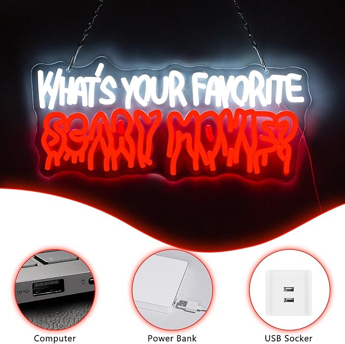 What's Your Favorate Scary Movie Neon Sign, Horror Movies Neon Signs For Wall Decor, Gothic Led Light Up Signs for Room Bar Man Cave Movie Night Party Halloween Decorations Gifts