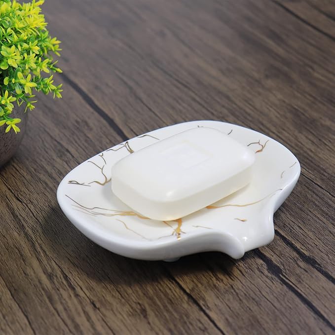 Gold Marble Texture Soap Dish Ceramic Soap Holder Self Draining Soap Dish Waterfall Slot Sponge Holder Bathroom Accessories for Bathroom, Kitchen,Bar Counter.