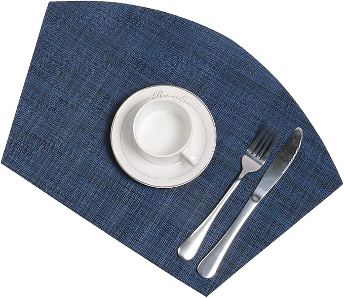 SHACOS Wedge Placemats Set of 8 Woven Vinyl Plastic Placemats for Small Round Table Place Mats Wipe Clean Non Slip Table Mats, Blue Black