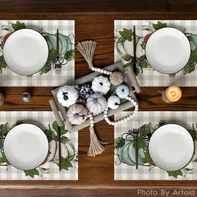 Artoid Mode Buffalo Plaid Pumpkins Leaves Fall Placemats Set of 4 for Table Runner, Kitchen Dining Table Decoration for Indoor Party 12x18 Inch