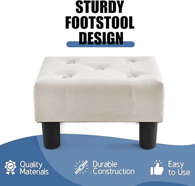 BRIAN & DANY Small Foot Stool, Velvet Foot Stools with Legs, Stable Small Footstool for Living Room, Milky White