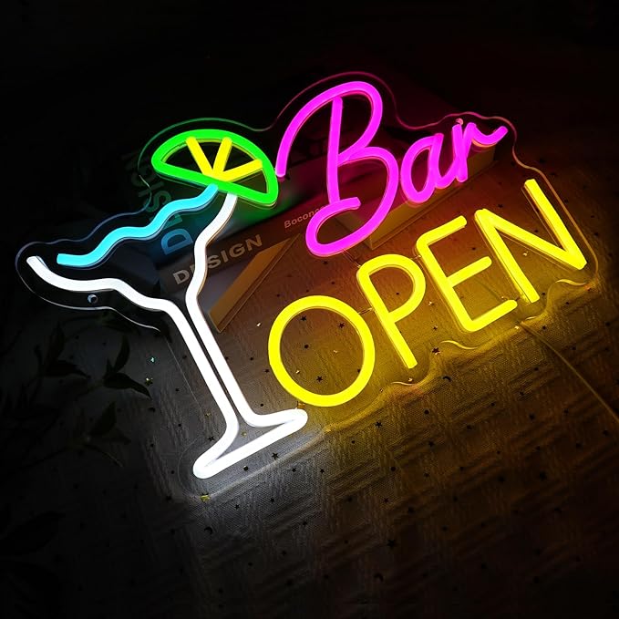 Bar Open Sign for Business, Neon Open Sign, USB Dimmable Cocktails Neon Lights for Beer Bar Coffee Cafe Home Pub Man Cave Stores Hotel Party Window Wall Decor Restaurant