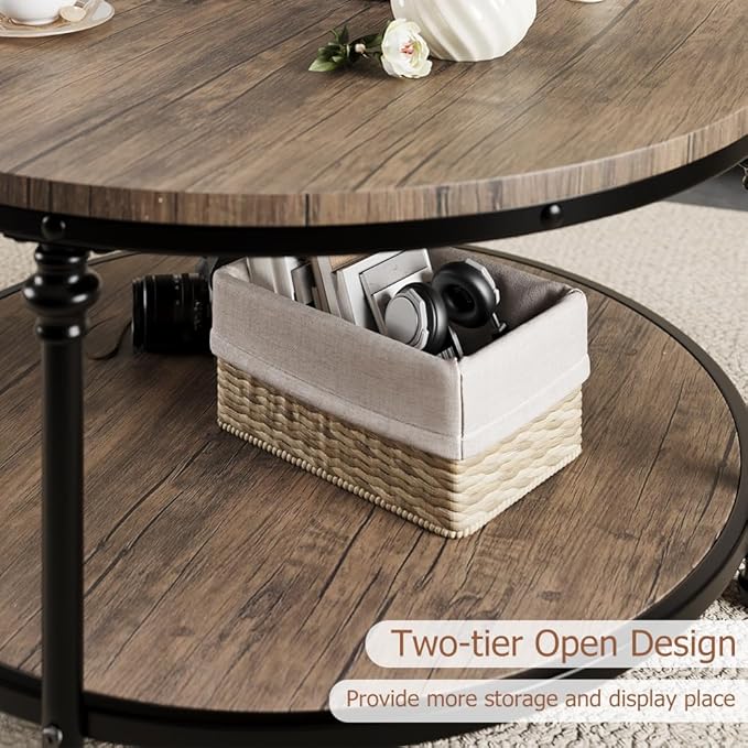 IDEALHOUSE Round Coffee Table for Living Room Rustic Center Table with Storage Shelf Wood Circle Coffee Table with Sturdy Metal Legs, Easy Assembly