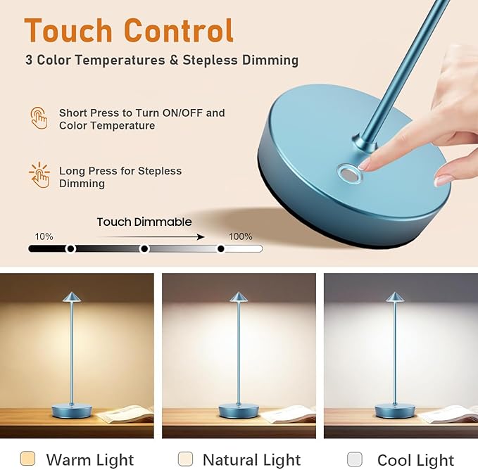 Set of 2 Rechargeable Cordless Table Lamp,6000mAh LED Battery Operated Desk Lamp Touch 3 Color Dimming Portable Outdoor Waterproof Table Light for Patio/Restaurant/Dining/Home (Blue)