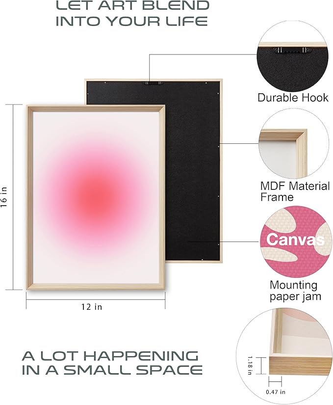 Framed Abstract Pink Canvas Wall Art,Retro Gradient Canvas Wall Decor,16x12IN High Framed Wood Design Print,Minimalist Classic Décor Aesthetic for Living Room,Bedroom,Bathroom Set of 3