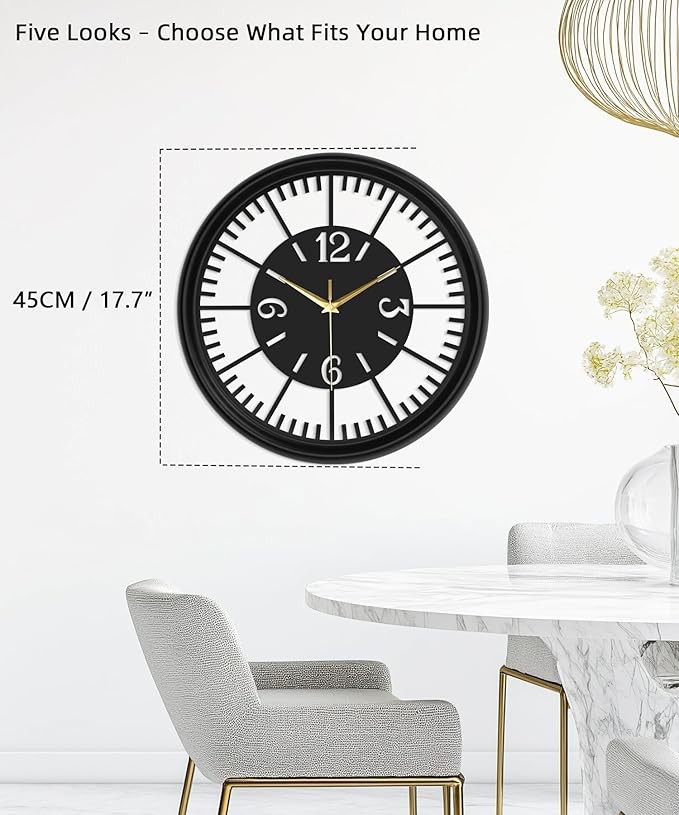 Modern Metal Wall Clock – Silent Non-Ticking, Battery Operated Clock with Hollow-Out Design, Decorative Clock for Living Room, Bedroom, or Office Wall Decor-18”
