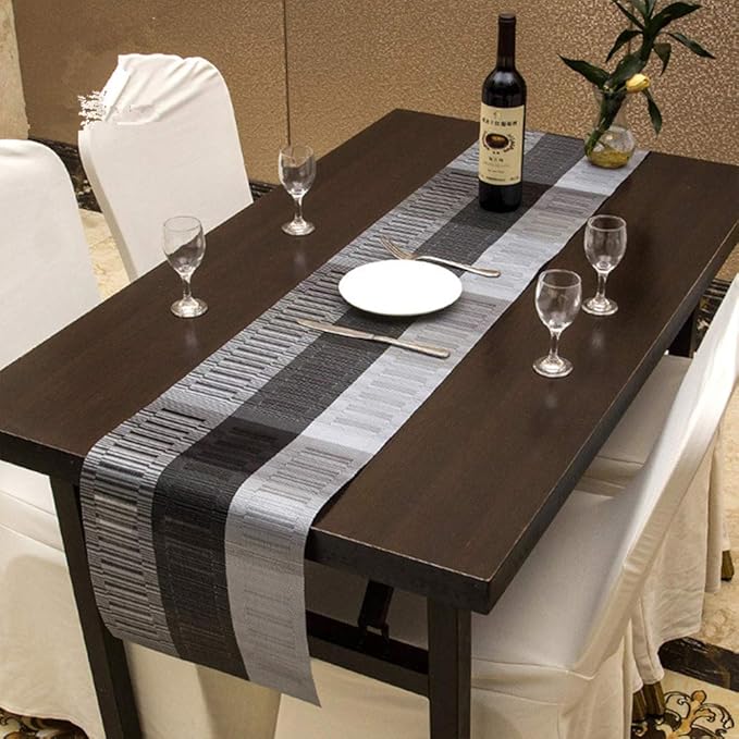 Placemats with Table Runner Set Place Mats, Woven Crossweave Vinyl Kitchen Tablemat, Washable PVC Table Mats for Dining Table, Parties, Farmhouse, Thanksgiving, Christmas & Gathering (Silver & Black)