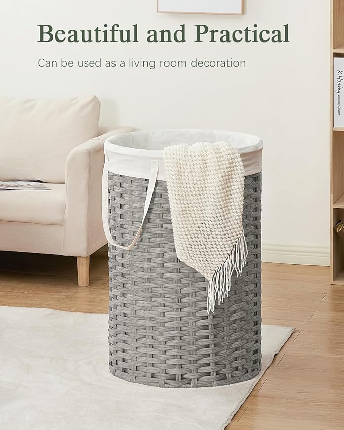 Large Laundry Hamper Laundry Basket Round 34.3 Gal (130 L) Handwoven Wicker Laundry Baskets Rattan Laundry Basket with Removable Bag Handles 2 Mesh Bags for Living Room Bedroom Gray