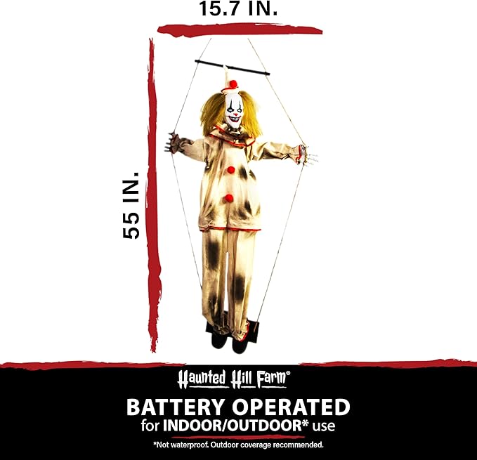 Haunted Hill Farm Scary Swinging Talking Clown Animatronic with Touch Activated Lights and Sounds, Battery Operated Indoor or Covered Outdoor Decoration, Creepy Halloween Prop