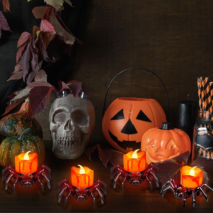 12 PCS Halloween Tea Lights Candles, Battery Operated Halloween's Flameless LED Candles, Spider Tealights Spooky Electric Flickering Fake Candle for Halloween Party Decorations