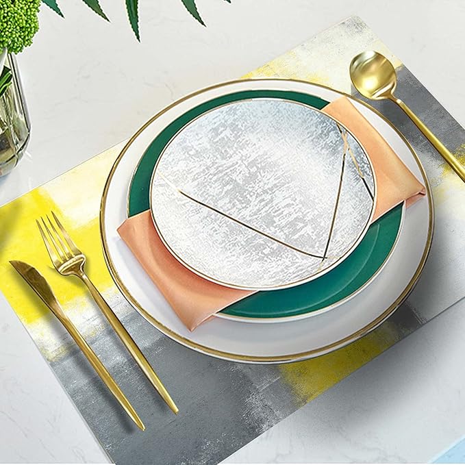 Mcalk Yellow Table Runner and Placemats Set of 6 Pieces, Grey Placemats Modern Art,Abstract Art Cloth Place Mats Indoor for Kitchen,Washable Placemats Linen Material for Dining Table