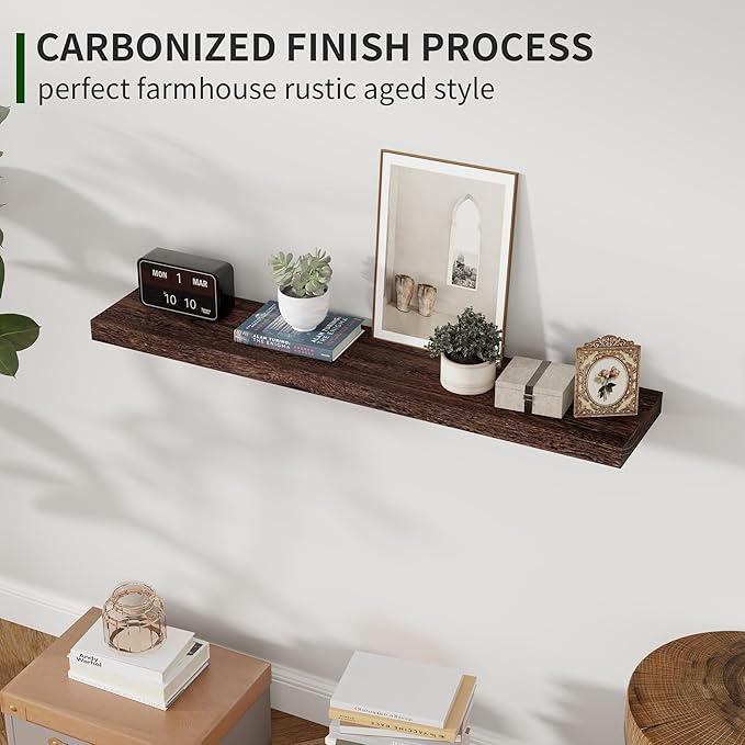 Marsmiles Wood Floating Shelves for Wall Set of 2, 36 Inch Wide Rustic Wooden Floating Shelves, Invisible Wall Mounted Display for Living Room Bedroom Kitchen Bathroom Office, Rustic Brown