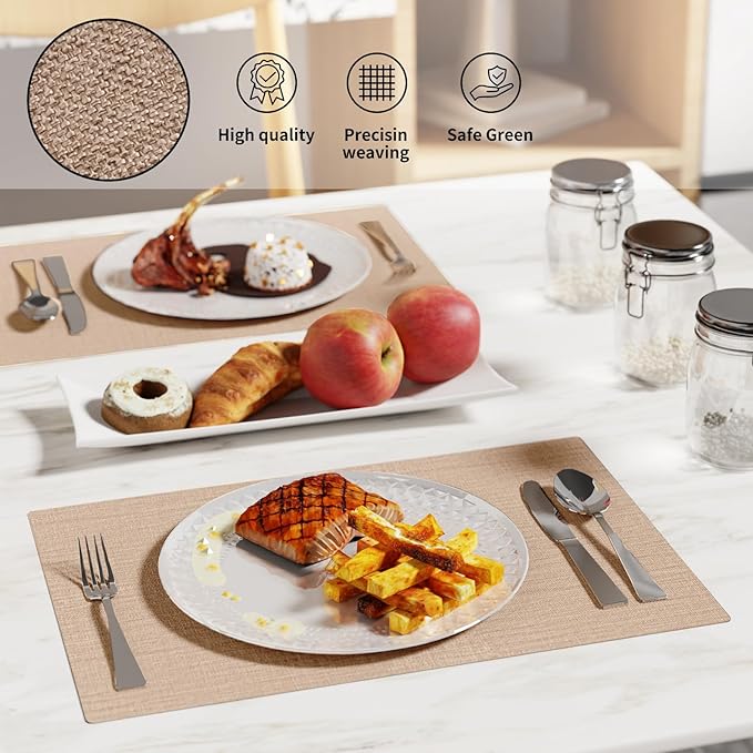 Cloth Placemats, Set of 4 Heat-Resistant Cotton Linen Blend Double Layered Machine Washable Place Mats, Wrinkle Free Thick Fabric Dining Table Mats for Indoors & Outdoors (Light Linen, 4)