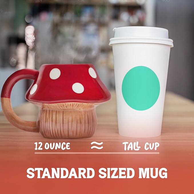 Mushroom Mug 12oz - Cute Ceramic Mushroom Cup for Coffee Tea and Mushroom Gifts - Cool Cottagecore Aesthetic Kawaii Unique Fun Funky Novelty Hippie Fungi Toadstool Silly Plant Mushroom Stuff Decor