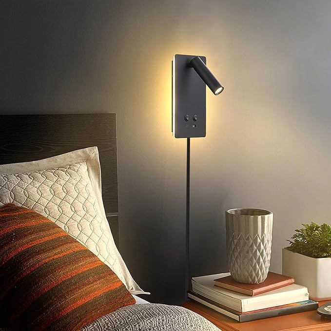 MOLUOLA LED Wall Lamp Wall Mounted Reading Lights Set of 2, Adjustable Headboard Plug in Wall Sconce with USB C+A Ports, Headboard Bedside Lamp with 9W+3W Night Light 3000K (Black)