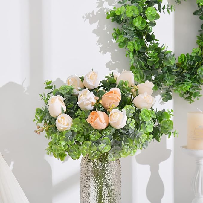 24pcs Artificial Eucalyptus Stems Fake Eucalyptus Leaves Branches Faux Greenery Stems for Vase Home Wedding Bouquet Wreath Decor, Grey Green