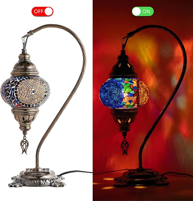 Kafthan Turkish Moroccan Mosaic Lamp – Handmade Glass Swan Neck Bedside Lamp with Antique Brass Base, Ideal Decor for Bedroom, Office, Living Room – Bulb Included (Red&Navy Central Circles)