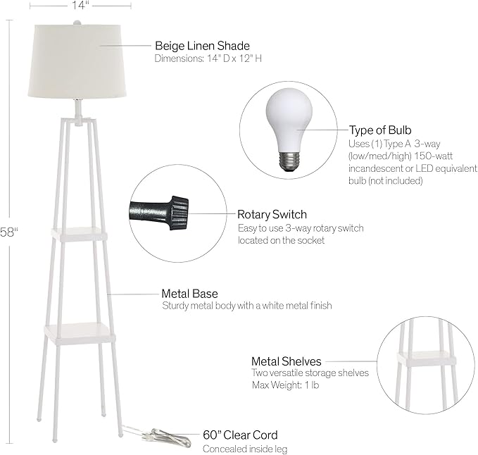 Catalina Lighting 19305-001 Modern Etagere Floor Lamp with Shelves, Standing Lamp, Living Room Light with Shelving, LED Bulb NOT Included, 58", White