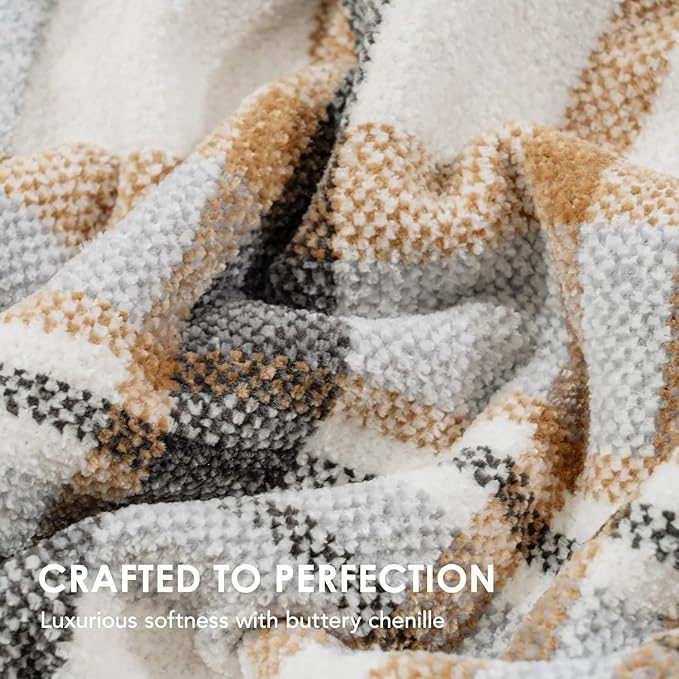 EVERGRACE Plaid Chenille Throw Blanket for Couch, Super Soft Cozy Decorative Farmhouse Plaid Throw with Tassels, Lightweight Chenille Knit Throw for Bed Sofa Gift Home Decor, Grey & Beige 50"x60"