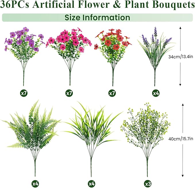 36 Bundles Artificial Flowers for Outdoors Spring Summer Decoration, UV Resistant Eucalyptus Violet and Lavender Silk Fake Plants for Outside Indoor Yard Home Patio Decor, Red Rose Purple