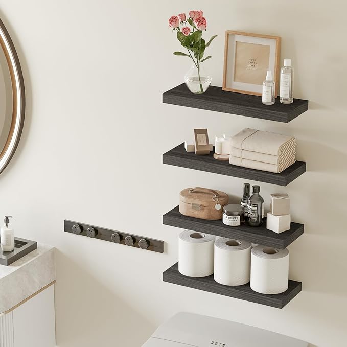Fixwal 15.8in Floating Shelves, Rustic Wood Finish Wall Shelves Set of 4, Shelves for Wall Decor, with Invisible Brackets for Bathroom, Living Room,Bedroom and Kitchen(Gray)