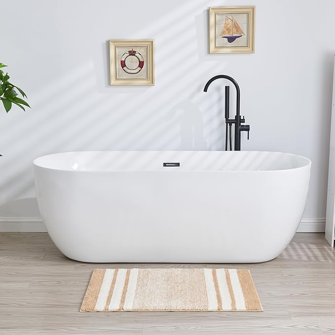 CozeCube Beige Striped Bath mats for Bathroom Non Slip, Fluffy Absorbent Microfiber Bath mat Washable, Aesthetic Bathroom Rugs, Cute Bath mat for Sink, 24" x 16"