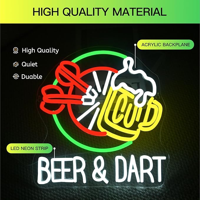 Beer & Dart Neon Sign – Fun Bar Wall Light with Dartboard and Beer Mug Design – 13"x12.6" LED Decor for Game Room, Pub, or Man Cave, USB Powered, 5V/2A,Dimmable
