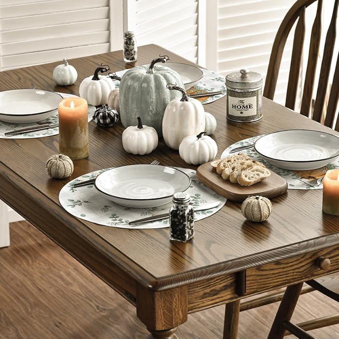 Artoid Mode Orange Pumpkins Fall Round Placemats Set of 4,14 Inch Eucalyptus Thanksgiving Seasonal Round Place Mats for Party Dining Decoration