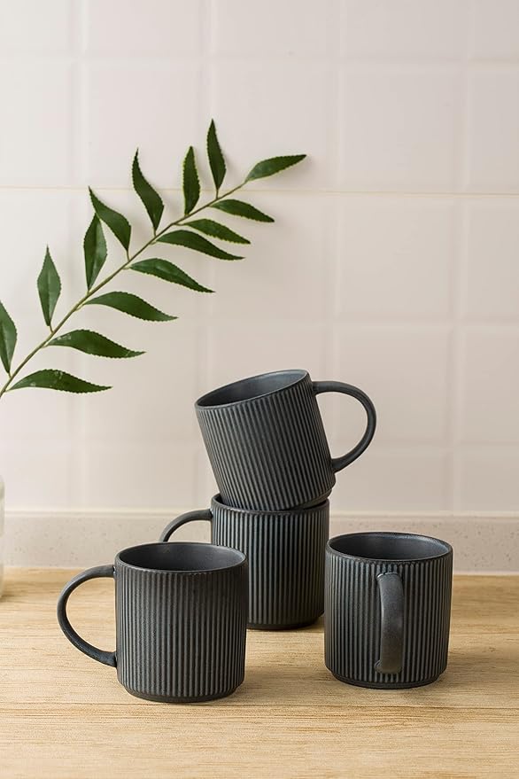 famiware Coffee Mug Set for 6, Star 12 oz Catering Mugs Cup Set with Handle for Coffee, Tea, Cocoa, Milk - Ceramic Stoneware Drinkware Set, Matte Dark Charcoal