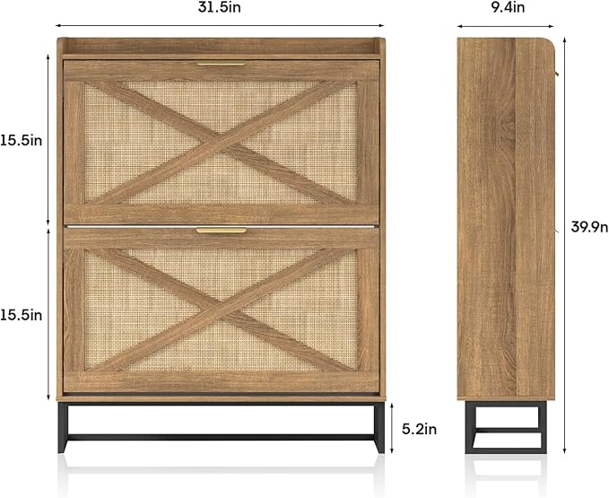 Maupvit Shoe Storage Cabinet with 2 Rattan Flip Drawers, Freestanding Organizer with Metal Legs for Entryway, Narrow Shoe Rack Cabinet, Hidden Golden Handles, Rustic Oak Rattan