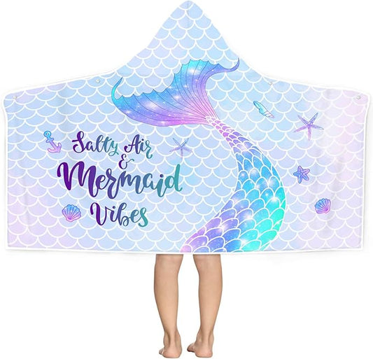 Mermaid Kids Hooded Beach Towel, Mermaid Tail Microfiber Hooded Poncho Towel for Girls 30?x50?? Mermaid Scales Pink Soft Absorbent Bath Towels Bathrobe with Hood for Swin Pool
