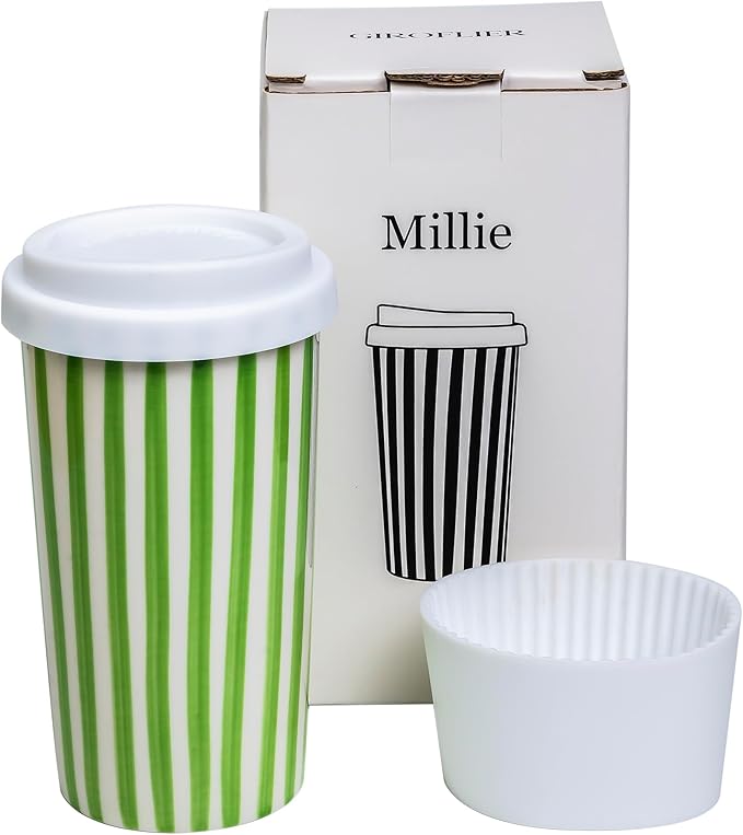 Millie 12oz Ceramic Travel Coffee Mug - Stylish Tumbler with Lid, Microwave & Dishwasher Safe Ceramic Travel Mug with Lid- Unique Gift Idea for Women & Men Who Love Coffee on the Go
