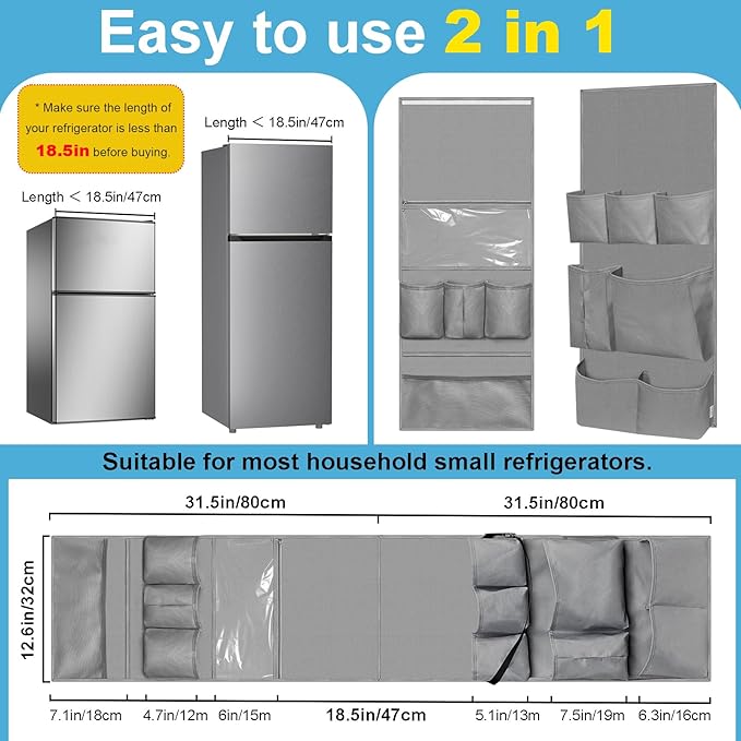 homyfort Mini Fridge Organizer, Over The Fridge Storage Organizer with 14 Pockets, College Dorm Fridge Storage for Office, Kitchen, Home, School, Gray