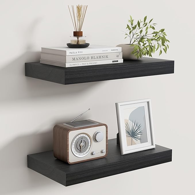 Floating Shelves for Wall, Real Wood Floating Shelf Set of 2, 8 Inch Deep Floating Shelves, Rustic Wood Wall Shelf for Home Decor, Deep Storage Shelves for Bathroom, Kitchen, 16"W x 8"D, Black Color