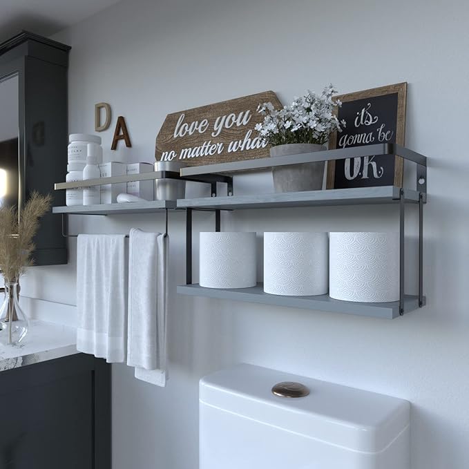 RICHER HOUSE 2+1 Tier Wall Mounted Floating Shelves Set of 2, Rustic Wood Wall Shelf with Metal Frame, Extra Storage Rack for Bathroom, Kitchen, Bedroom with Tissue Rack & Towel Bar - Grey