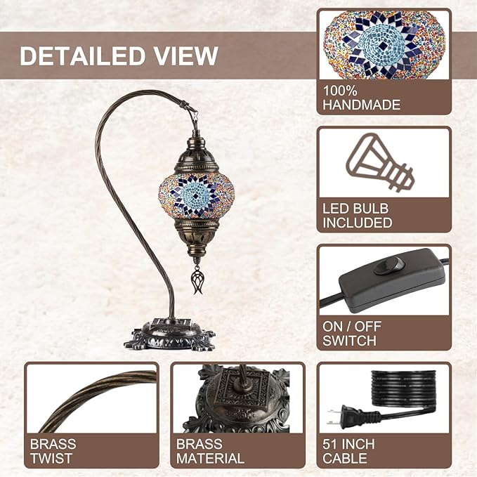 Kafthan Turkish Moroccan Mosaic Lamp – Handmade Glass Swan Neck Bedside Lamp with Antique Brass Base, Ideal Decor for Bedroom, Office, Living Room – Bulb Included (Blue & Navy Circles)
