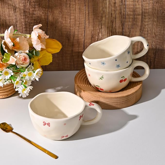 Koythin Ceramic Coffee Mug, Handmade Hot Chocolate Mugs, Cute Cup for Girl Women, Aesthetic Tea Milk Cup with Handle, 8.5 oz/250 ml for Latte, Cocoa, Office, Home (Cherry Flower)
