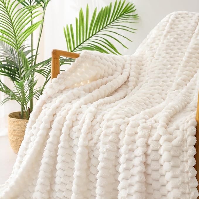 Exclusivo Mezcla Queen Size Soft Fleece Blanket, 90x90 Inches Stylish Jacquard Velvet Blanket for Bed, Fuzzy Cozy Lightweight for All Season, Ivory