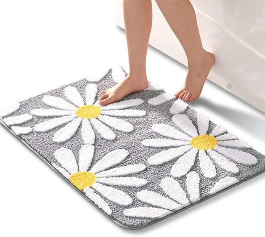 QJHOMO Gray Bathroom Rugs Cute Daisy Bath Mat White and Yellow Flower Decor Rug Non Slip Floor Carpet Microfiber Bathmat Super Absorbent Machine Washable Bathtub Mats for Shower (24x36 inch)