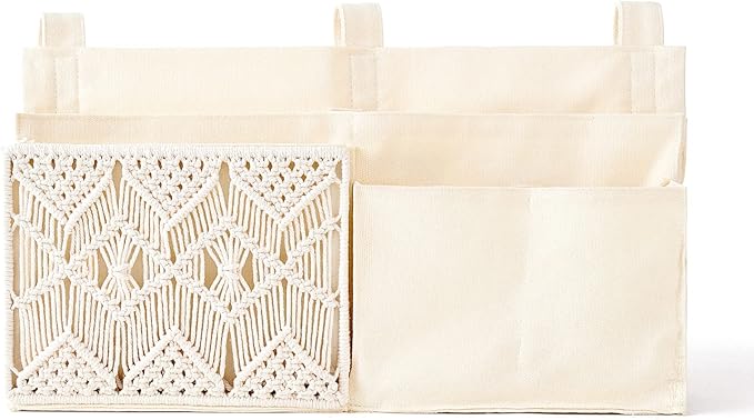Mkono Bedside Caddy Hanging Organizer, Bunk Woven 7 Pockets Bed Storage Bag Boho Remote Magazine Books Holder with Macrame for Loft Bed College Dorm Bedroom Baby Bed Rails, Ivory