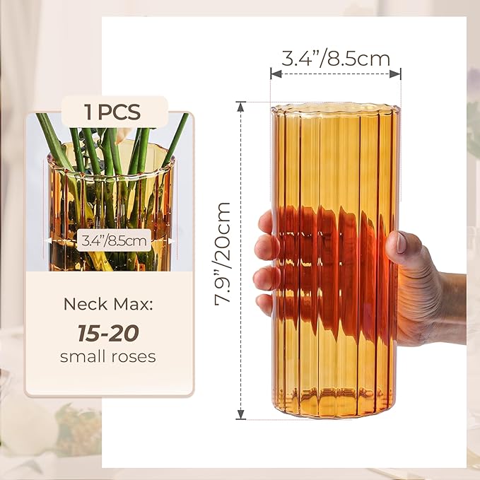 ComSaf Glass Cylinder Vases, Bud Vase for Centerpieces, 8 Inch Tall Ribbed Vase Hurricane Floating Candle Holder, Decorative Flower Vases for Wedding Reception, Home Decor, Housewarming Gift (Amber)