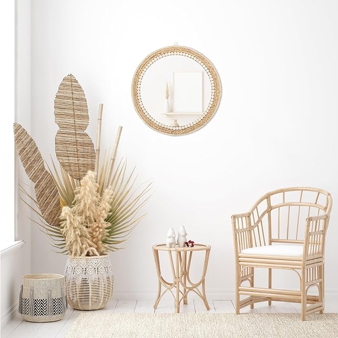 SWTHONY 18 Inch Boho Round Hanging Wall Mirror Decorative Rattan Circle Mirrors for Farmhouse, Living Room, Bedroom