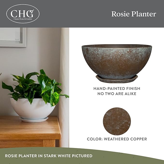 Classic Home and Garden Rosie Modern Planter w/Drainage - Contemporary Planter Bowls - Shallow Round Vases for Small Plants - Versatile Indoor & Outdoor Pots (10” Weathered Copper)
