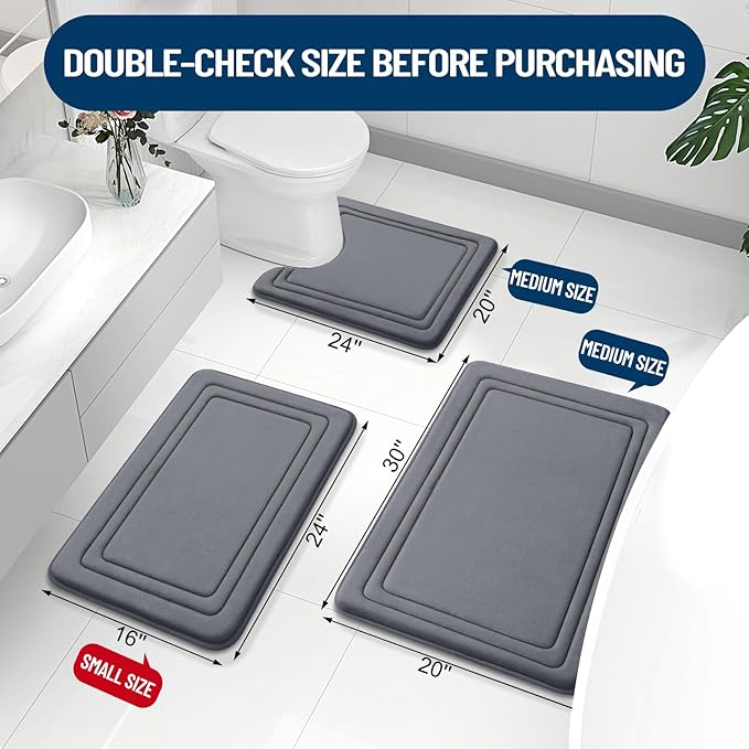 Grandaily Memory Foam Bath Mat Rug 24x16, Ultra Soft, Non-Slip and Absorbent Bathroom Rugs, Machine Wash Dry, Comfortable Bath Carpet for Bathroom Floor, Tub and Shower, Dark Grey