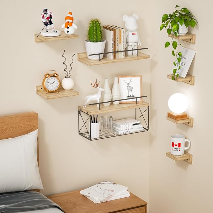 Floating Shelves for Wall Set of 8, Wall Shelves for Decoration and Storage, Bathroom Shelves with Wire Storage Tier, Wood Shelves for Bathroom, Living Room, Bedroom, Kitchen, Decor, 3 Size